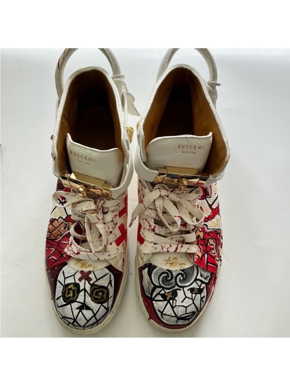 Buscemi White Sneakers with Red Hand-Painted Graphic Accents